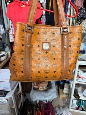 MCM Cognac Logo Visetos Tote in Tan Brown